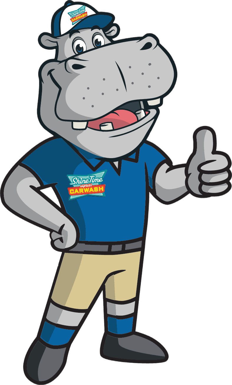 Shine Time hippo mascot giving a thumbs up
